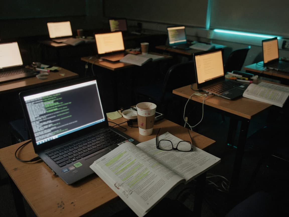 Puesto de laboratorio nocturno en el centro de entrenamiento de Savant: laptop con terminal abierta, apuntes de clase y café